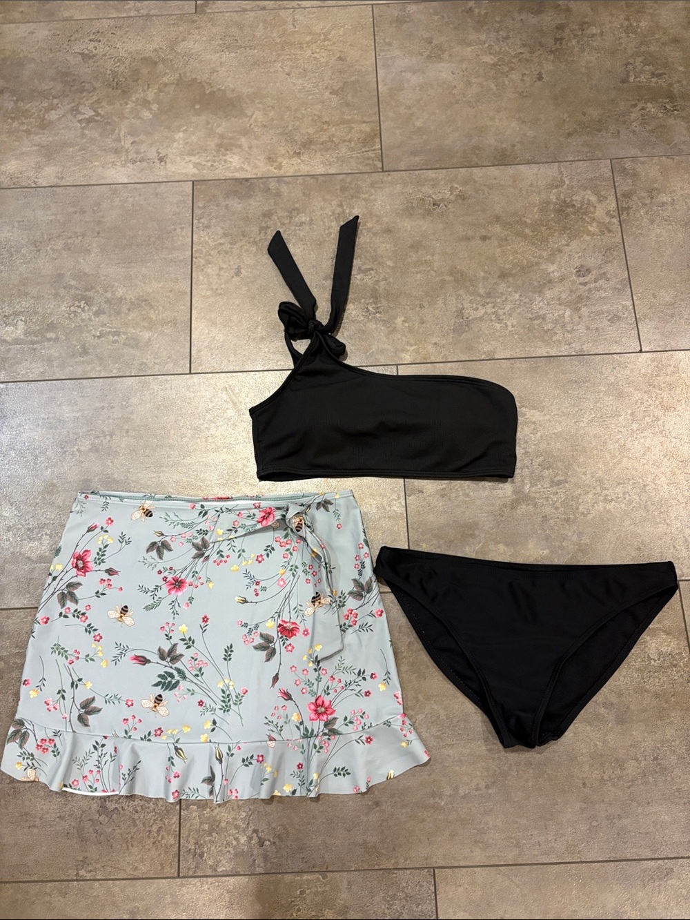 Women’s Black One-Shoulder Bikini Set with Floral Wrap Skirt